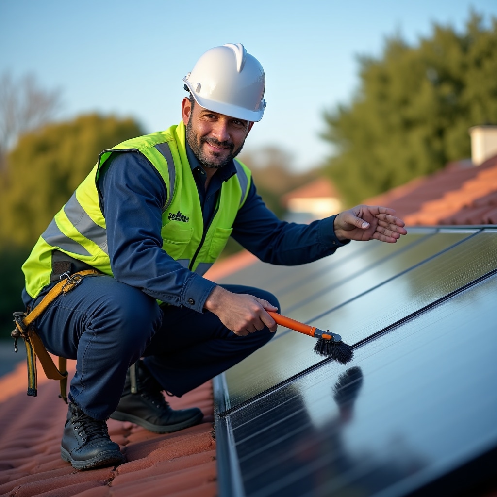 Technician performing professional solar panel maintenance